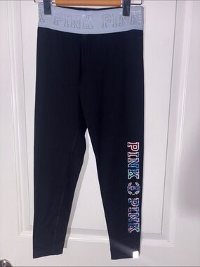 PINK Victoria's Secret Black Logo Leggings with Light Blue Waistband